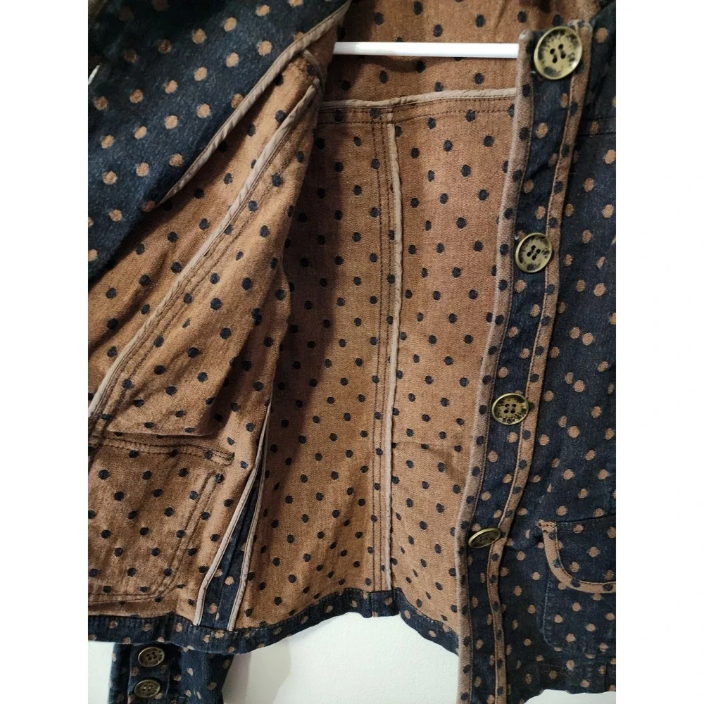 Doncaster Sport Polka Dot Denim Jacket Navy Brown Mock Neck XS/2 See Measurement